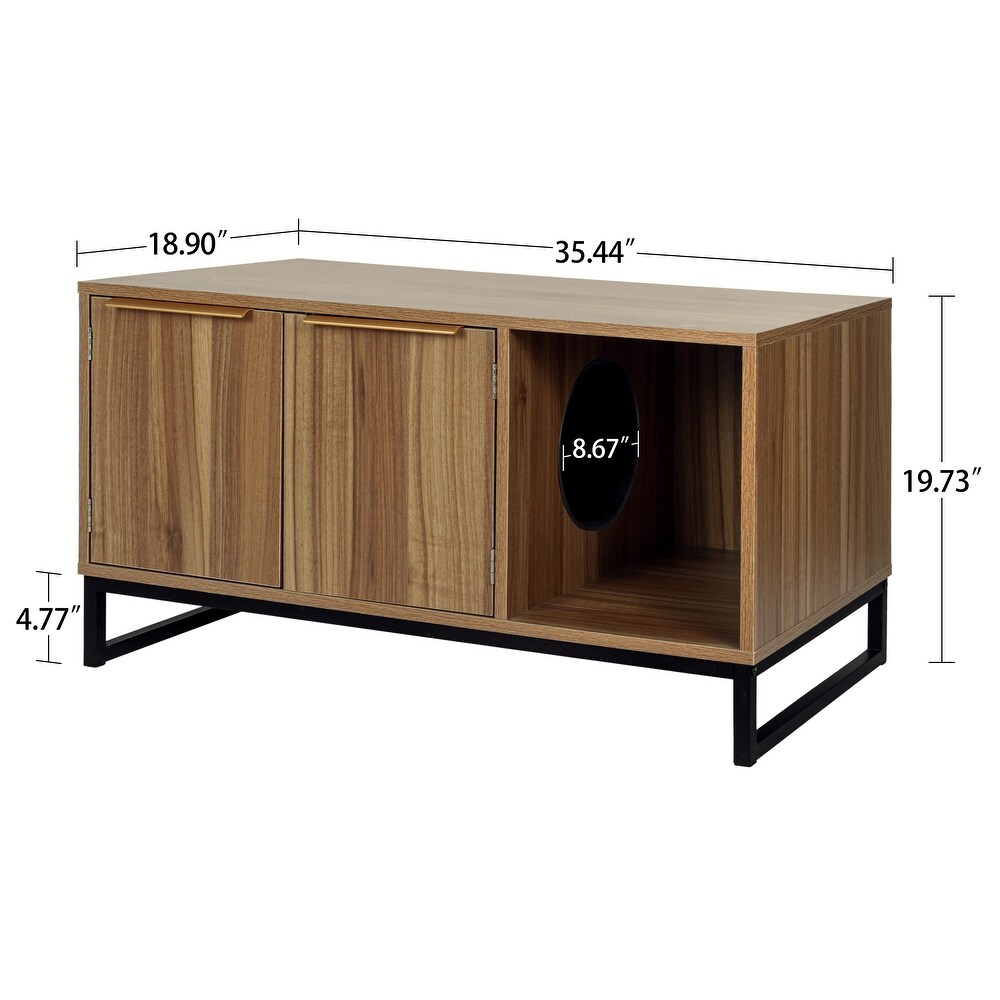 2 in 1 TV Stand  TV Console Table and Cat House w/ Storage   Board Pet House w/ 2 Doors and Metal Base for Living Room  Walnut