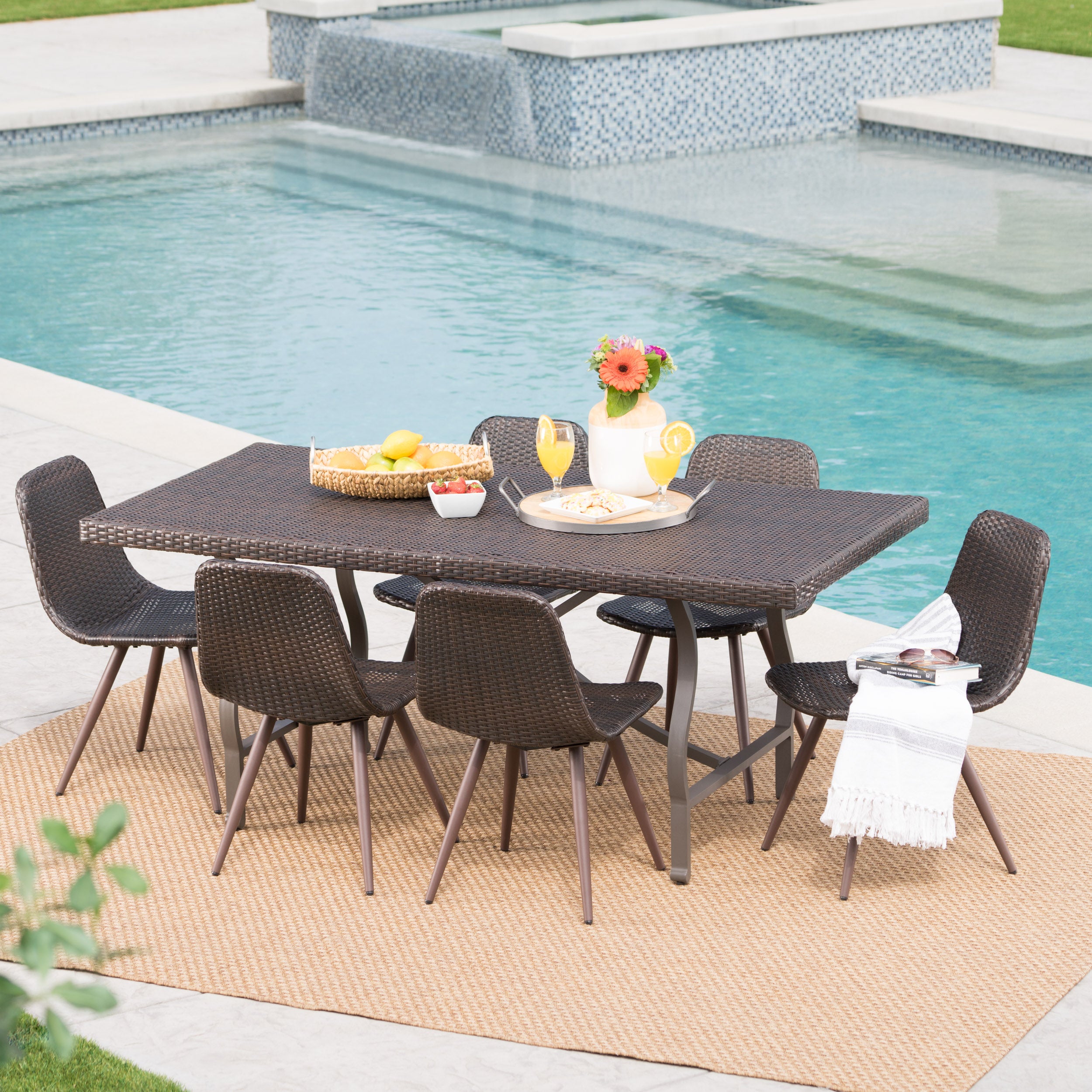 Nira Mid-Century Modern Outdoor 7-Piece Multi-Brown Wicker Dining Set