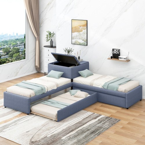 L shaped Upholstered Platform Bed with Trundle and...