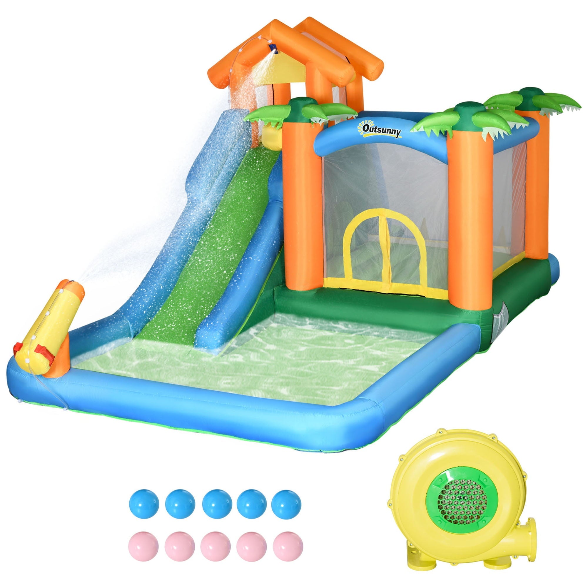 Outsunny 6-in-1 Tropical Inflatable Water Slide Summer Theme Jumping Castle Includes Floating Ball Slide Trampoline Pool Cannon Climbing Wall with Carry Bag, Repair Patches and 450W Air Blower