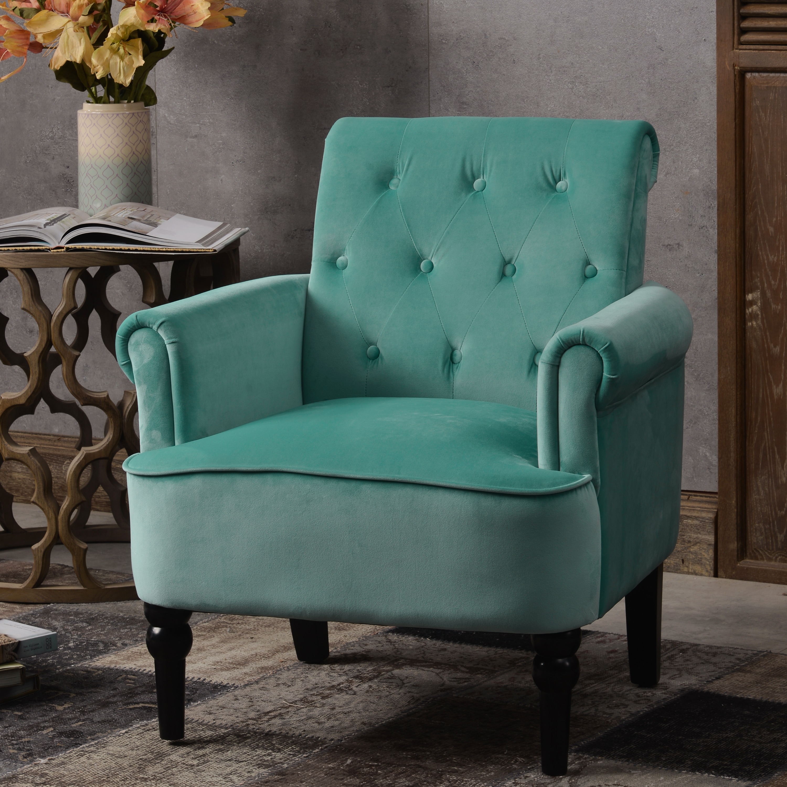 Elegant Button Tufted Club Chair Accent Armchairs Roll Arm Living Room Cushion with Wooden Legs， Teal Velvet