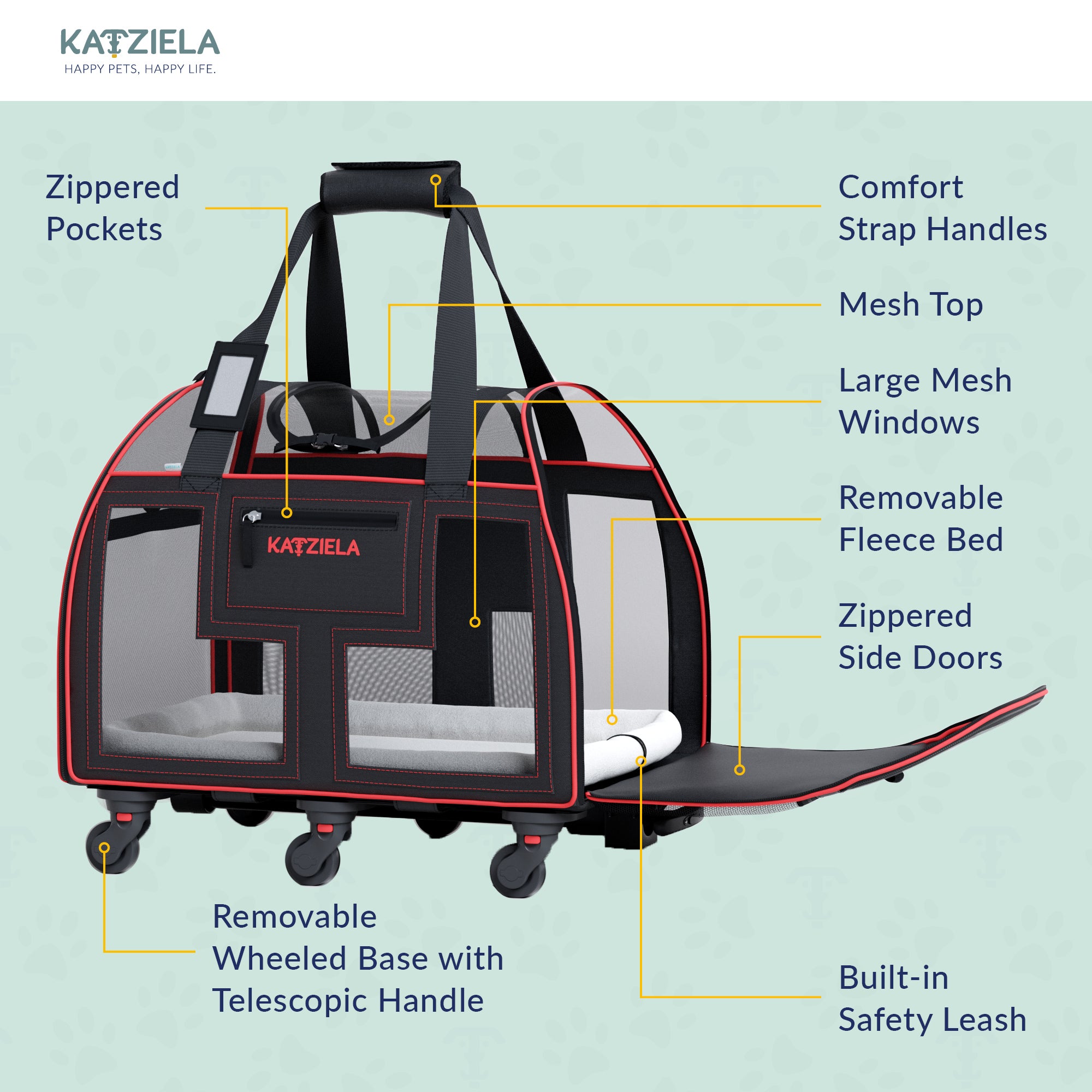 Katziela Luxury Lorry Pet Carrier with Removable Wheels - Telecopic Handle - Airline Approved (Black/Red)