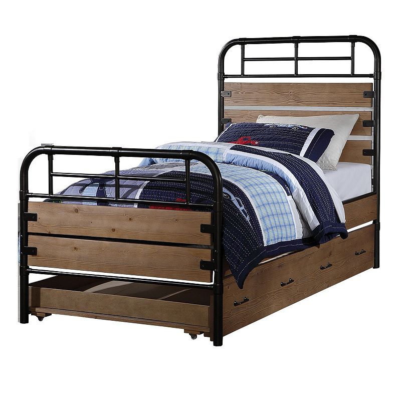 Industrial Style Metal and Wood Twin Size Bed with Slated Headboard， Black and Brown