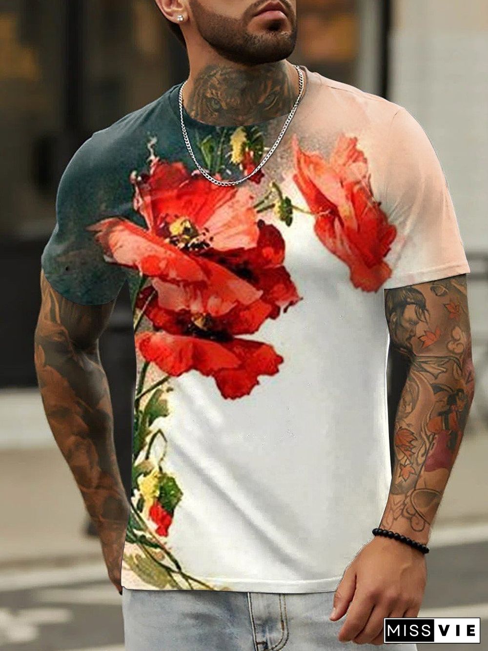 Men's Poppy Flower Veteran Day V-Neck Tee