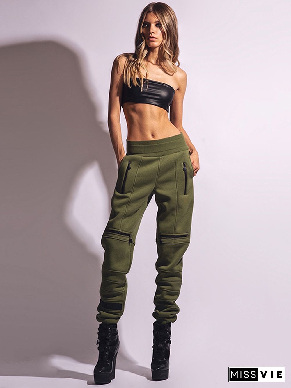 Stylish High-Waisted Solid Color Zipper Casual Sports Pants