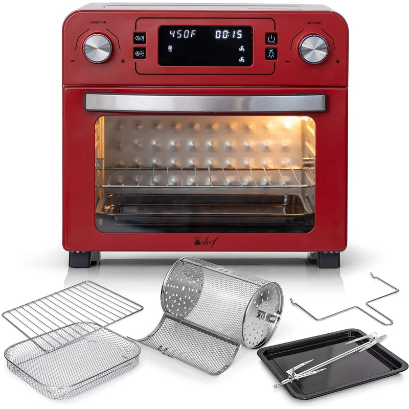 Deco Chef TQAIRRED 24 QT Red Stainless Steel Countertop 1700 Watt Toaster Oven with Built-in Air Fryer and Included Rotisserie Assembly， Grill Rack， Frying Basket， and Baking Pan