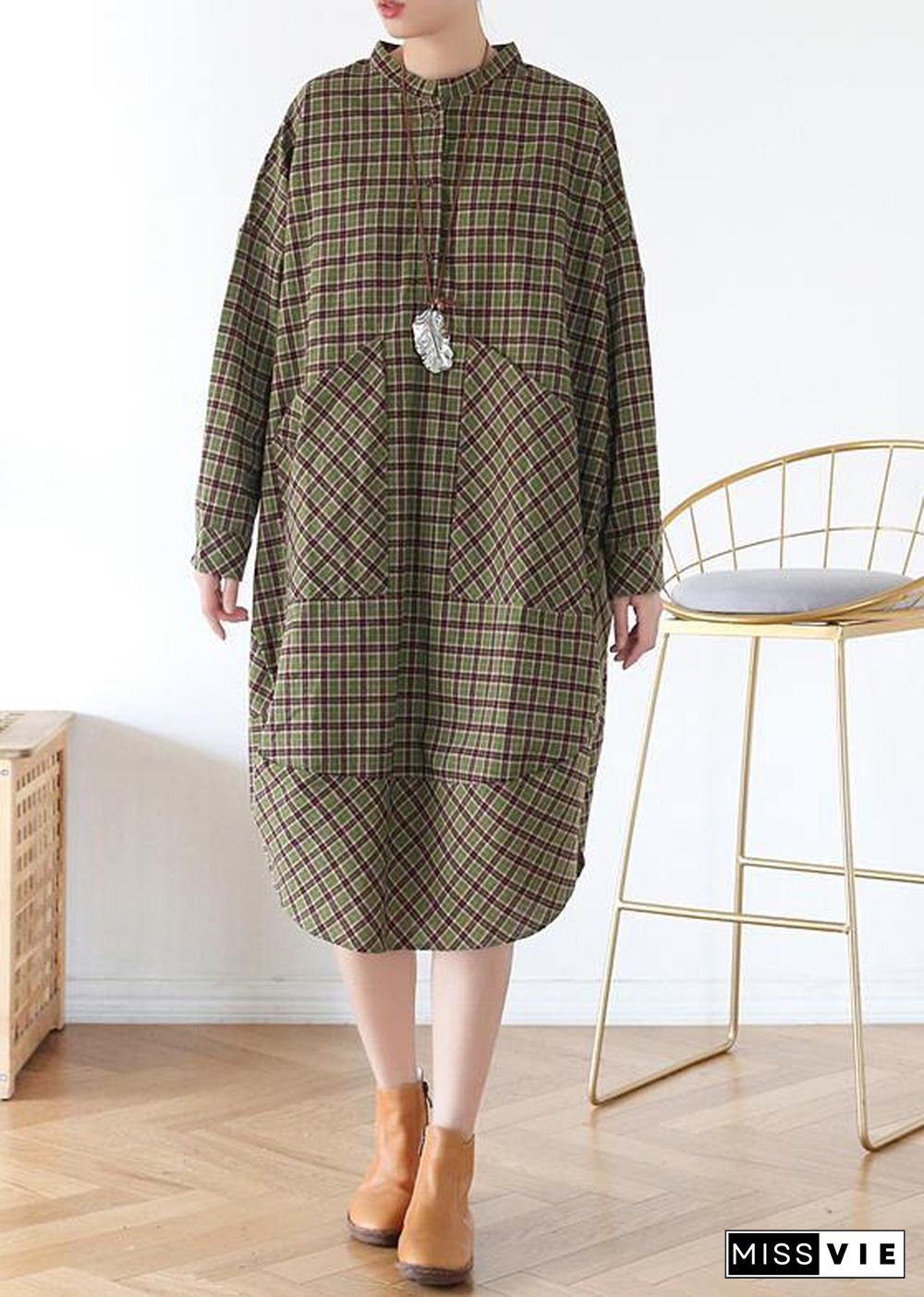 Women Green Plaid Long Shirt Mid Spring Cotton Dress