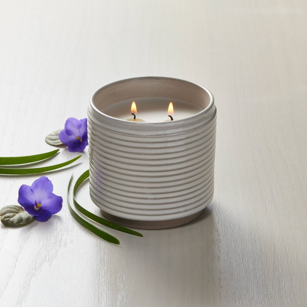 2 wick Ribbed Ceramic Pampas Jar Candle Light Gray 12oz With Magnolia