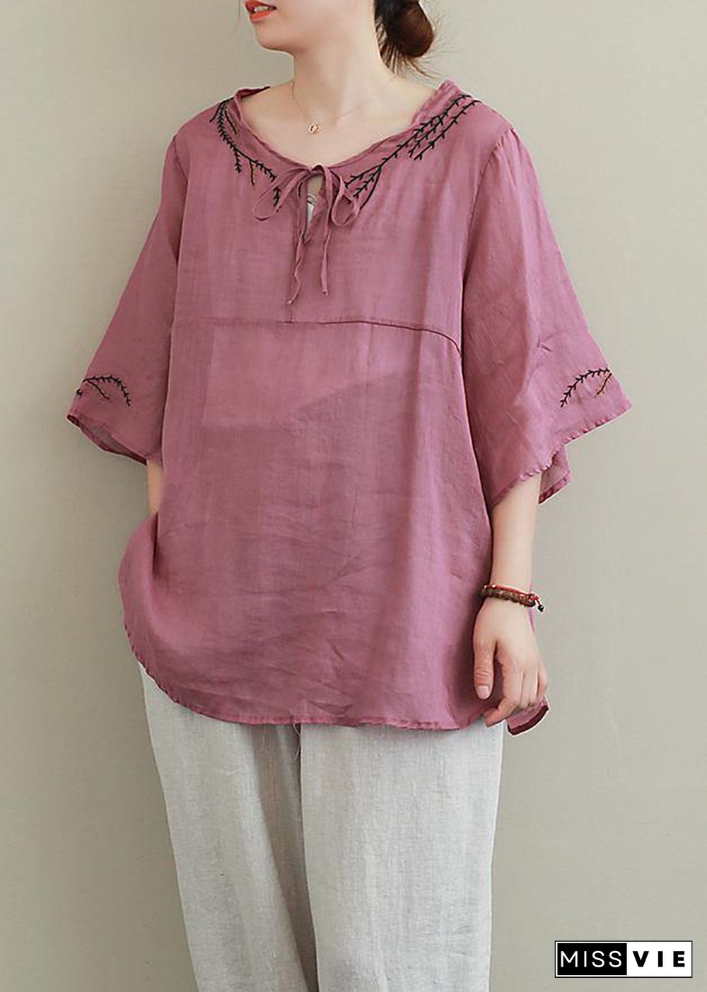 French purple embroidery linen Blouse o neck Midi shirts