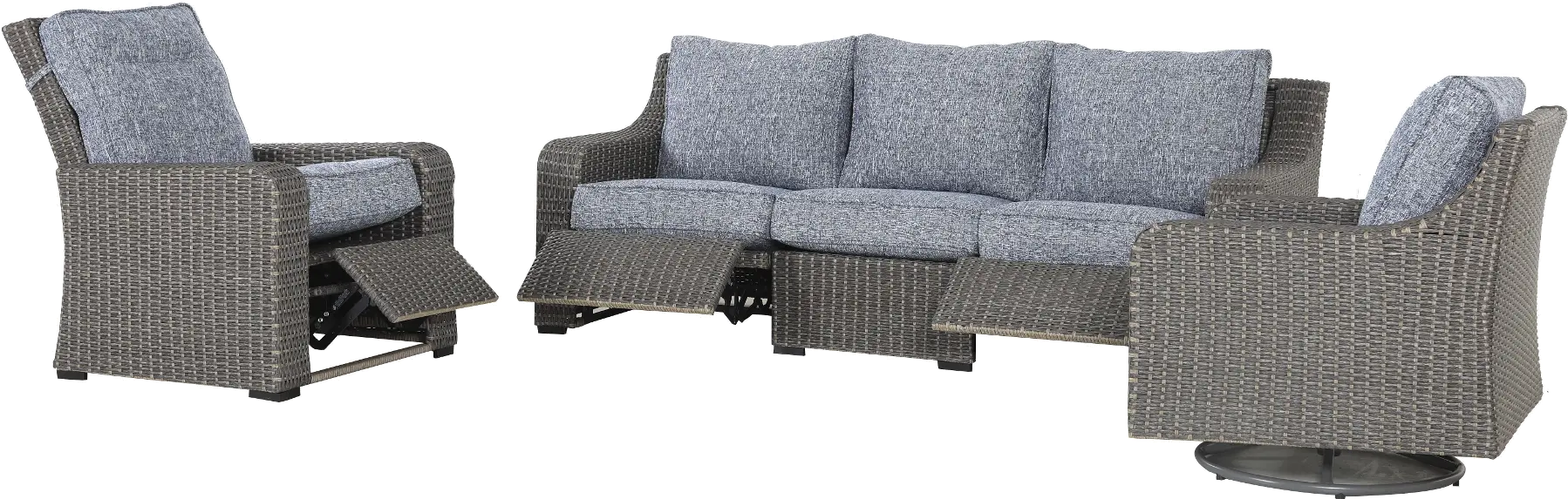 Lemans Gray Wicker Patio Motion Sofa with Blue Cushions