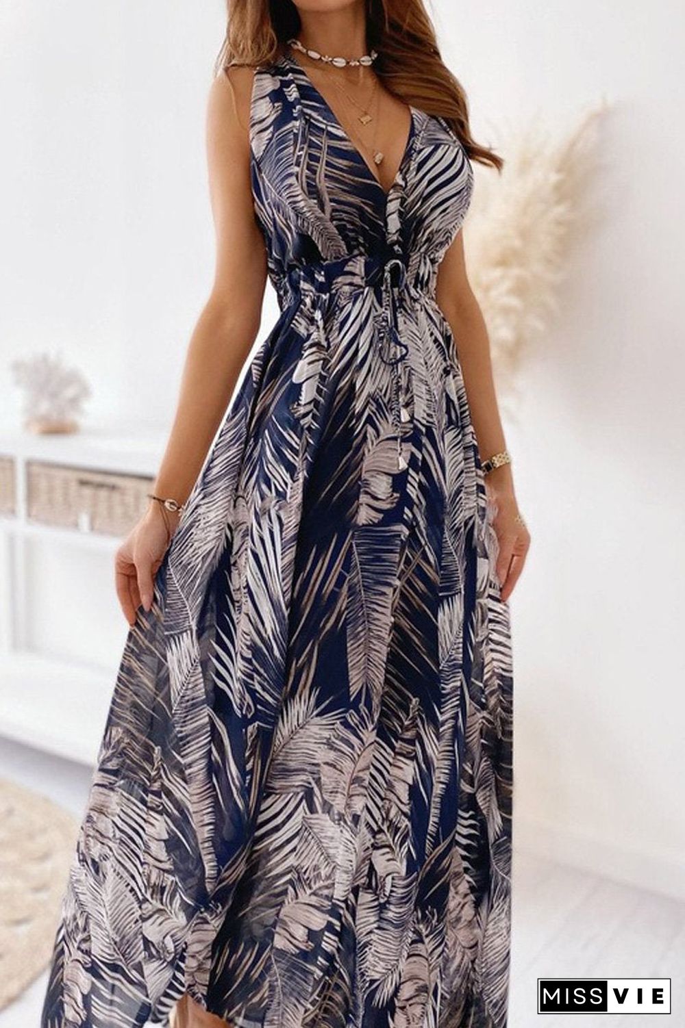 Leaf Print Lace-Up Sleeveless Dress