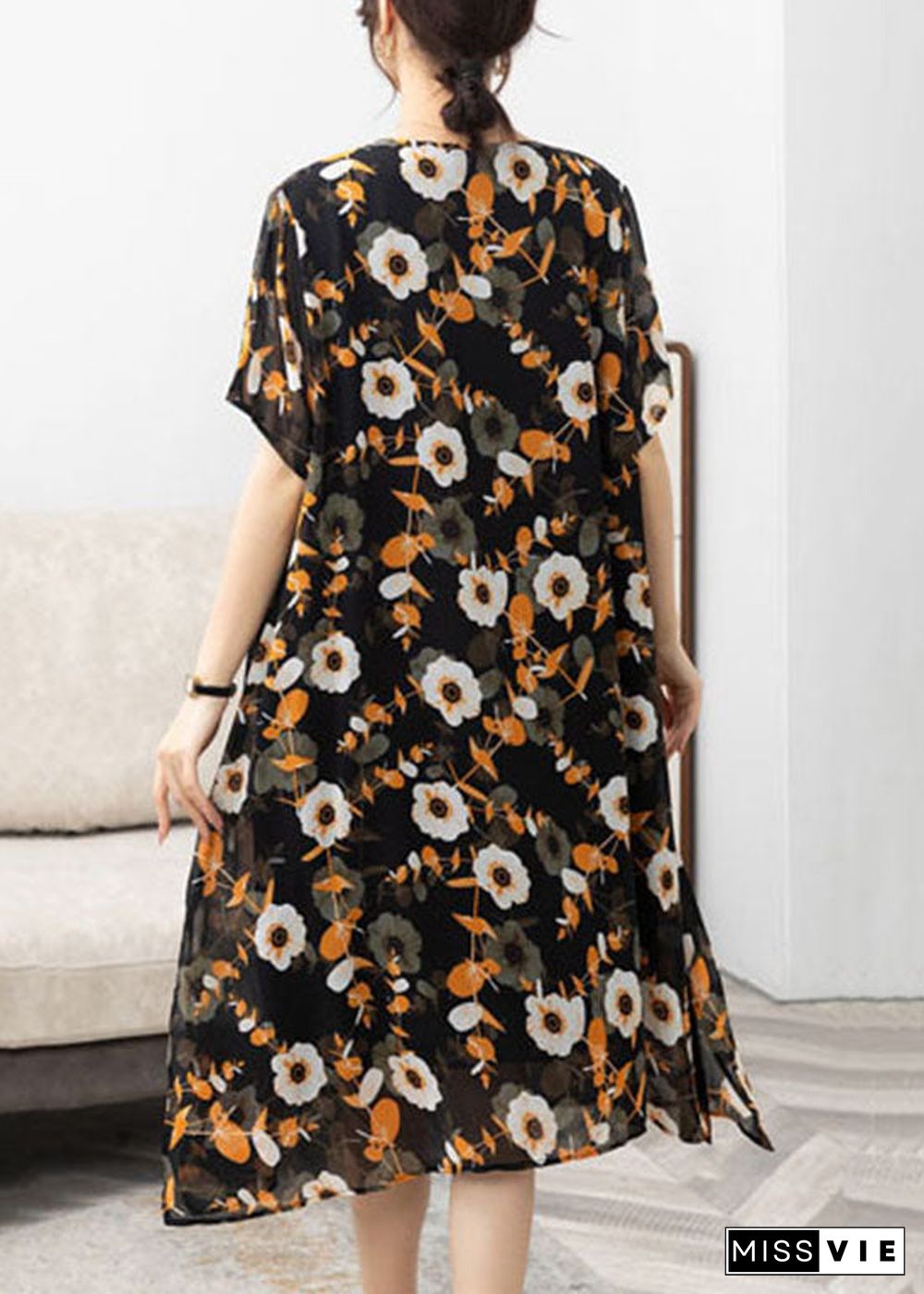 Italian Yellow V Neck Print Patchwork Chiffon Dresses Summer