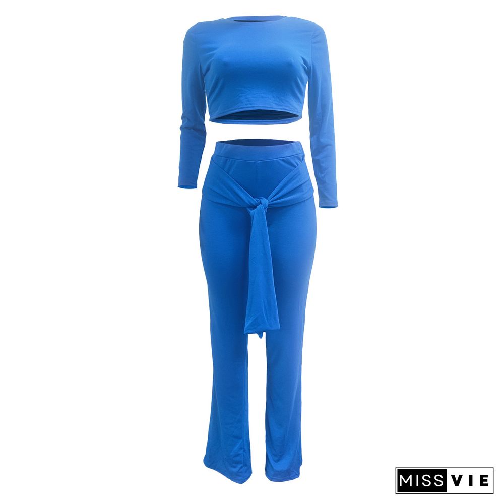 Solid Long Sleeve Crop Top Bandage Straight Pants Set