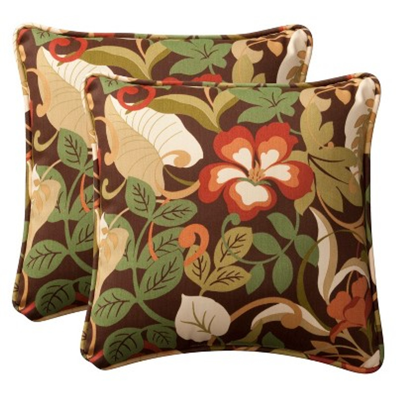 18.5x18.5 2pc Outdoor Throw Pillows - Brown/Green Floral - Pillow Perfect