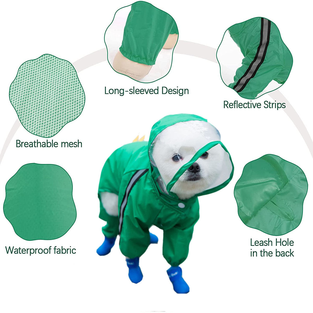 BT Bear Pet Dog Raincoat，Hooded Waterproof Rain Jacket with Reflective Strip Poncho Coats for Puppy Small Medium Large Dog Green M