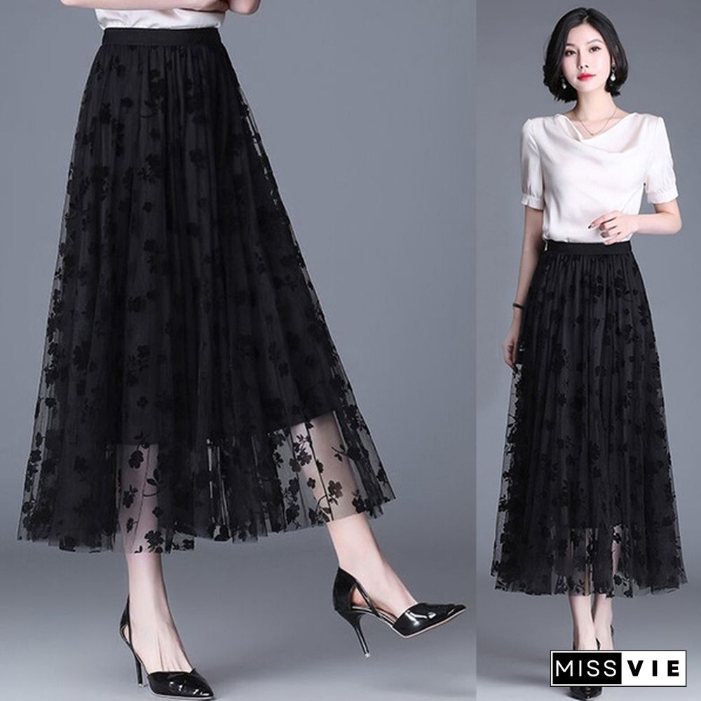 Wome Lace Long Skirt High Waist Tulle Skirts Ladies Summer Casual Loose Elegant Maxi Skirts