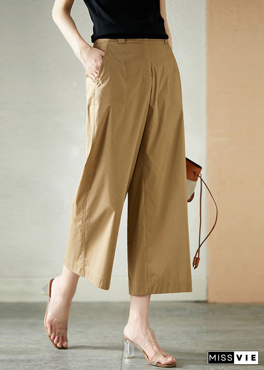 Women Khaki High Waist Button Crop Pants Summer