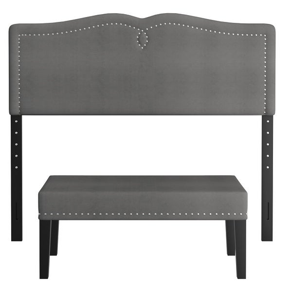 Modern Velvet Double/Queen Adjustable Height Headboard with Bench - - 36002888