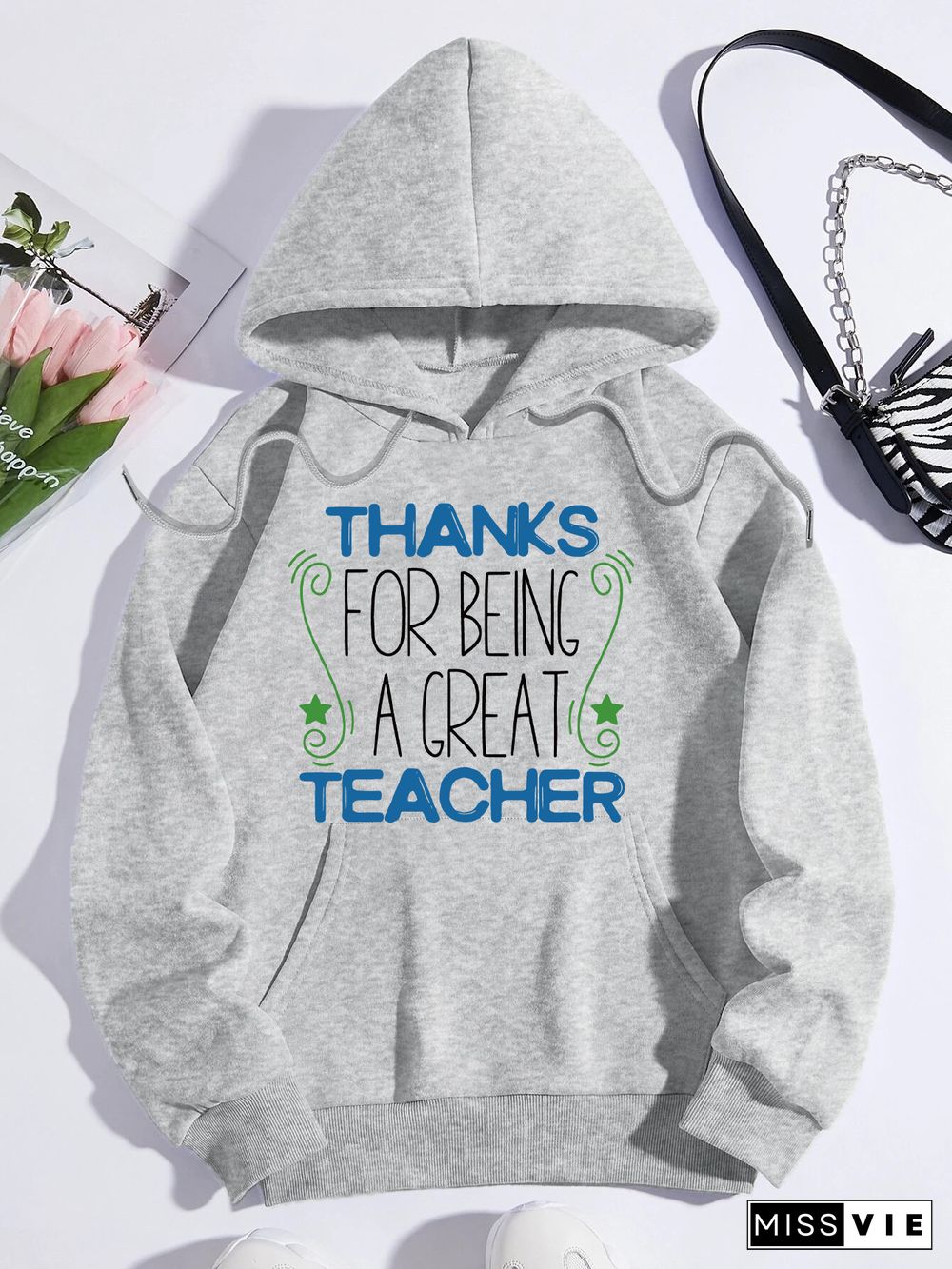 Printed on front Kangaroo Pocket Hoodie Long Sleeve for Women Pattern Thank you teacher