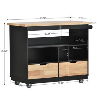 tunuo Black Rolling Kitchen Island with Rubber Wood Tabletop and Storage SF-5001AAB