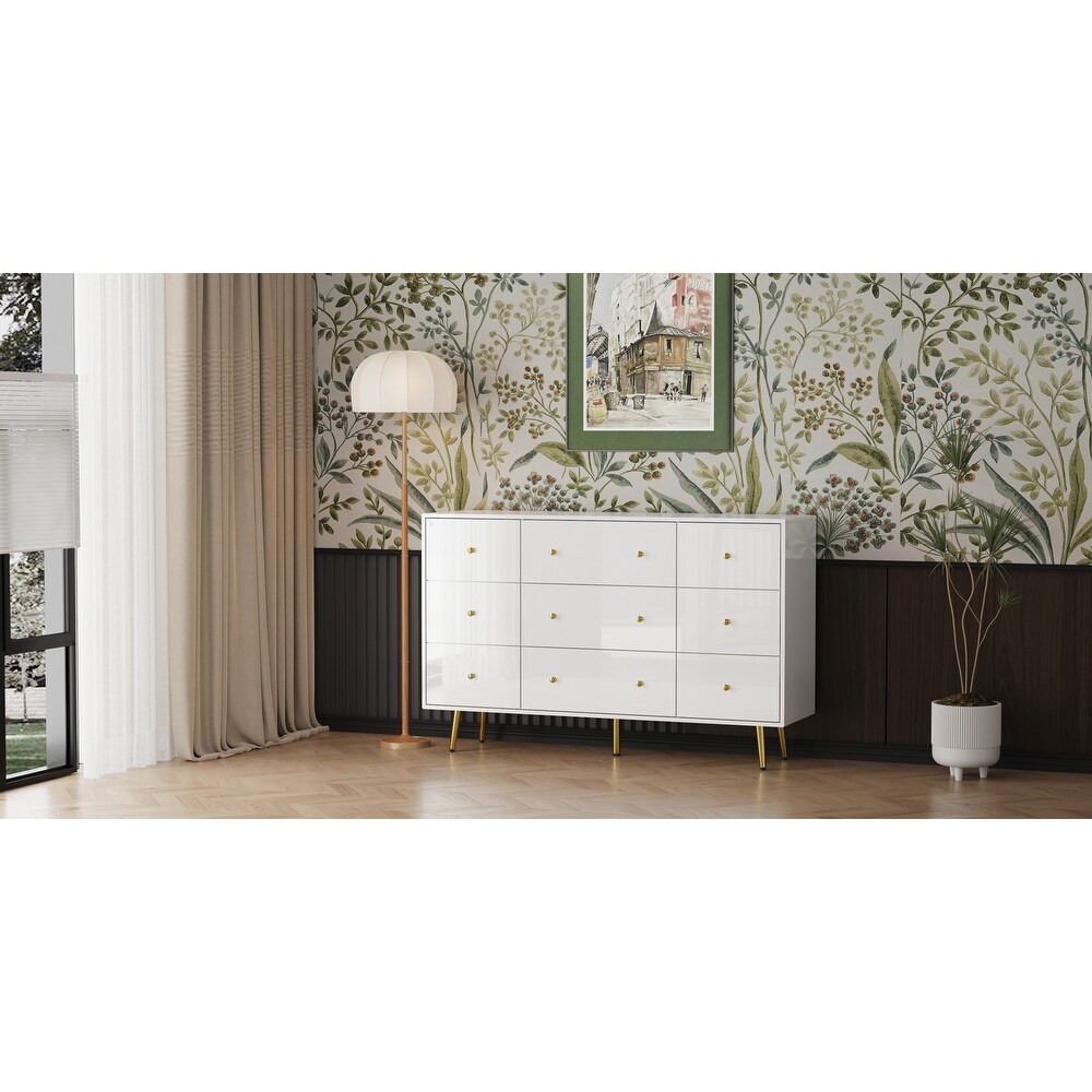 Contemporary 9 Drawer Dresser   High Gloss Finish with Gold Legs Chest