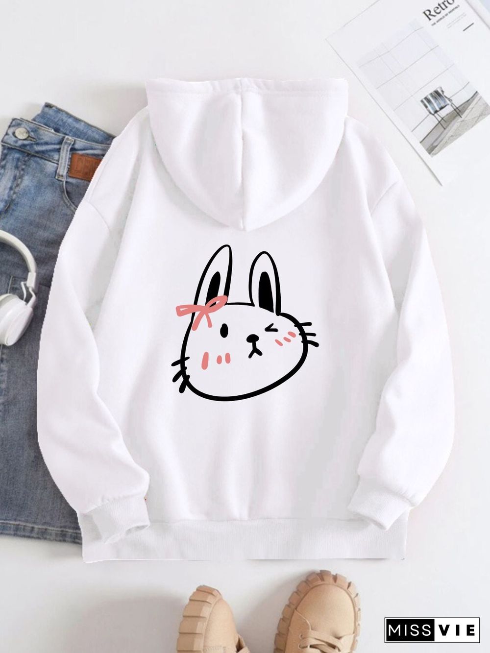 Printed on the Back Kangaroo Pocket Hoodie Long Sleeve for Women Pattern Rabbit Face