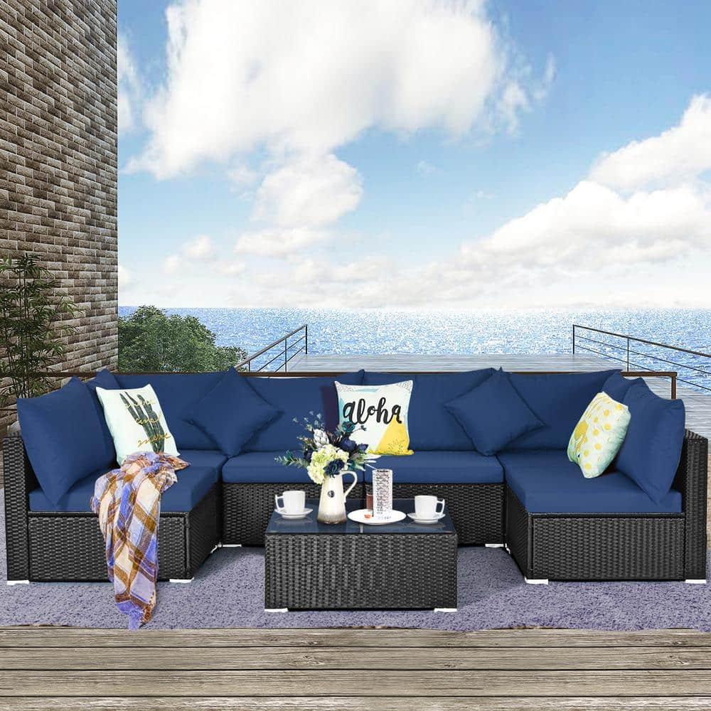 Costway 7-Piece Wicker Outdoor Sectional Set with Cushion Navy HW64273NY+