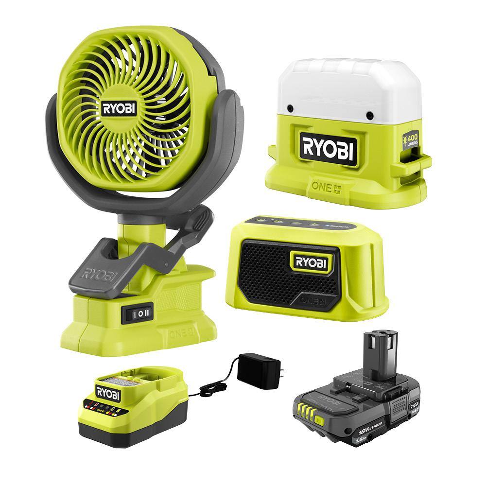 RYOBI ONE+ 18V Cordless 3-Tool Campers Kit with Area Light Bluetooth Speaker 4 in. Clamp Fan 1.5 Ah Battery and Charger PCL1303K1N