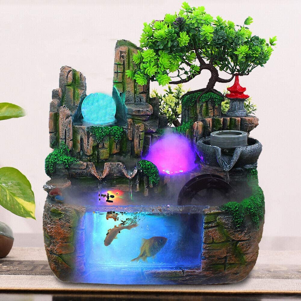 ANQIDI Rockery Water Fountain Indoor Atomizing Rockery Waterfall Desktop Decoration w/LED Light (Style 1)