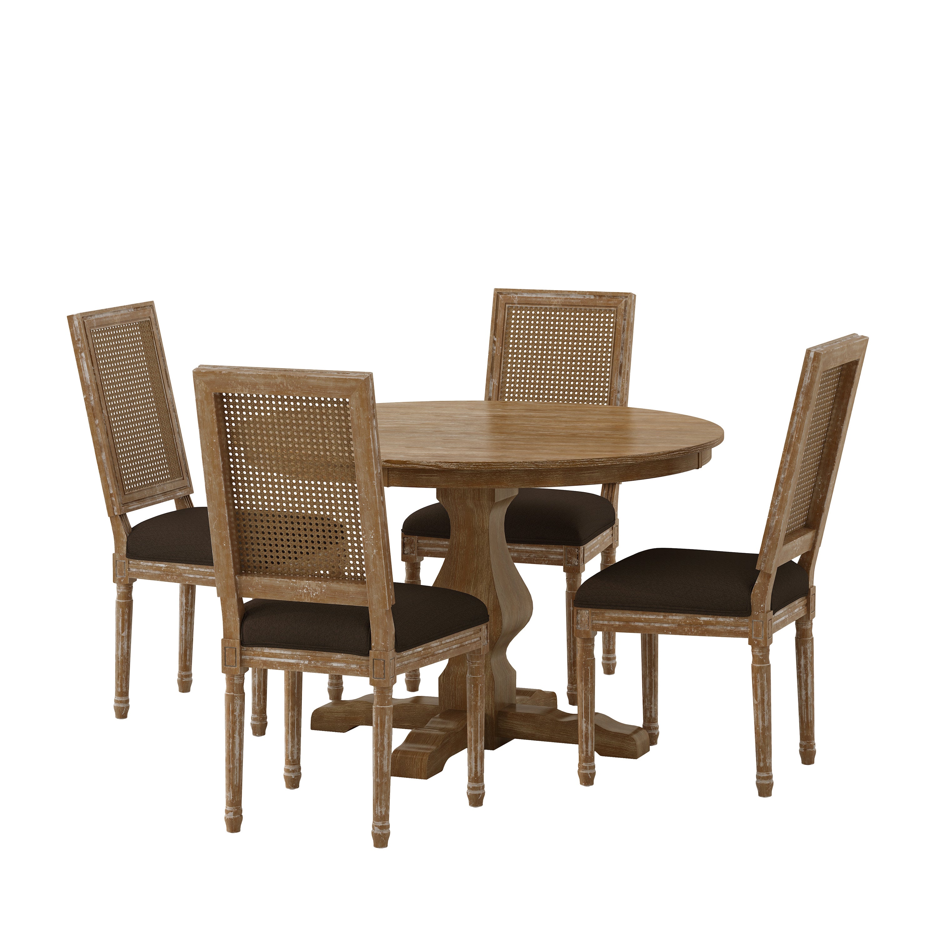 Merlene French Country Fabric Upholstered Wood and Cane 5 Piece Circular Dining Set