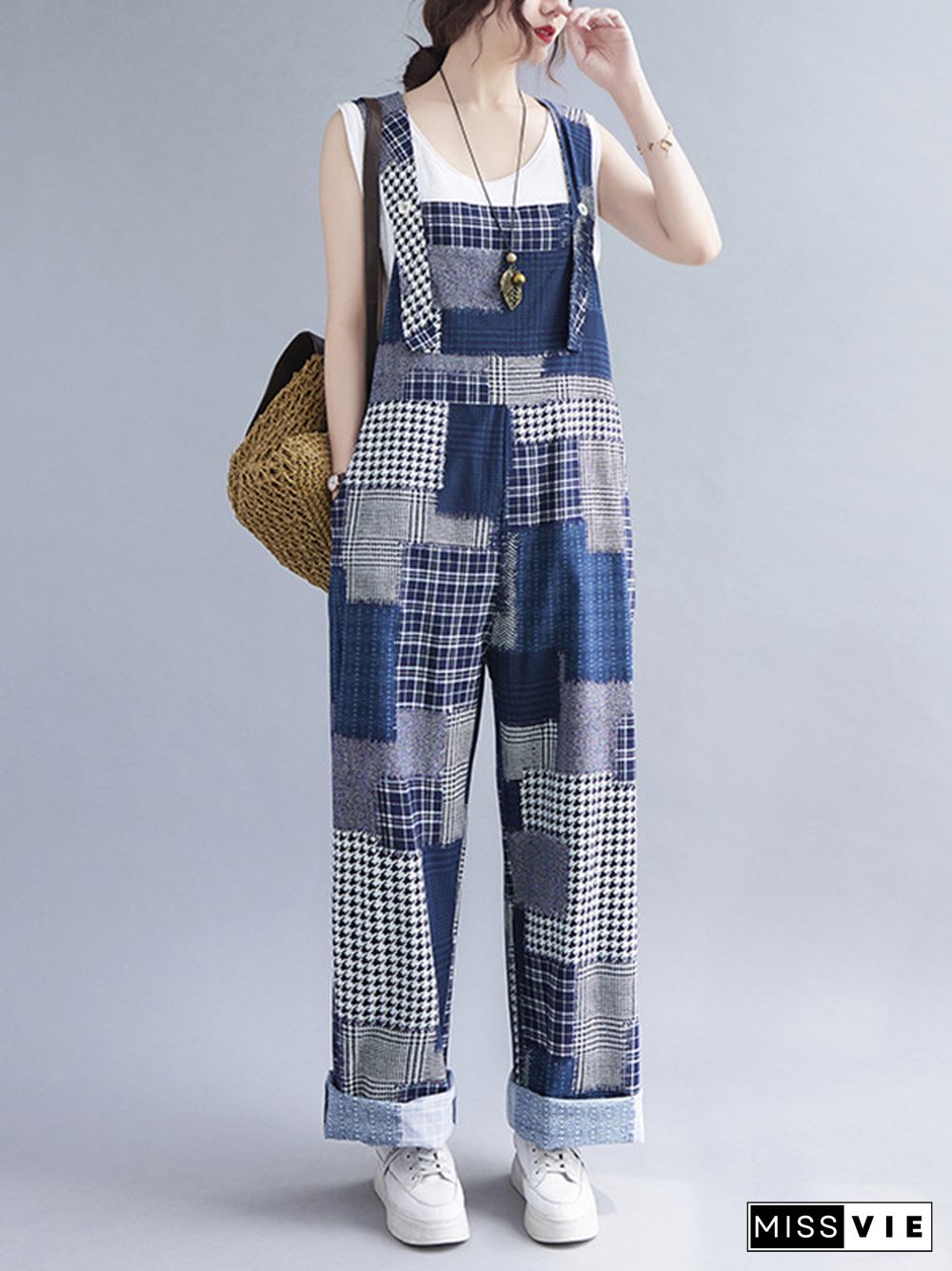 Artistic Retro Plaid Square-Neck Sleeveless Overalls