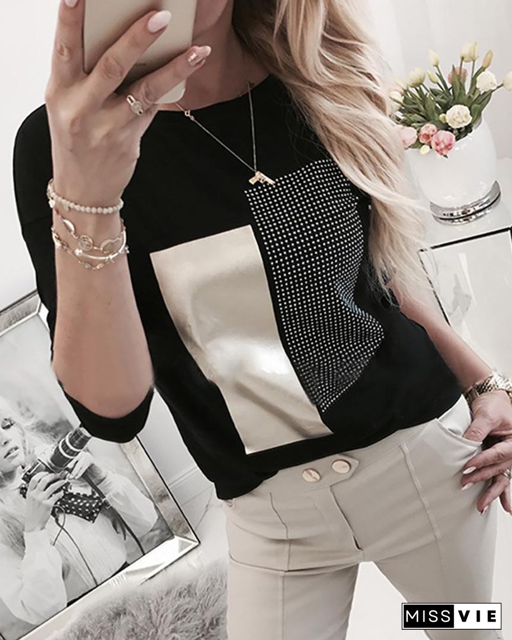 Hot Stamping Colorblock Round Neck Long Sleeve T-shirt P12369