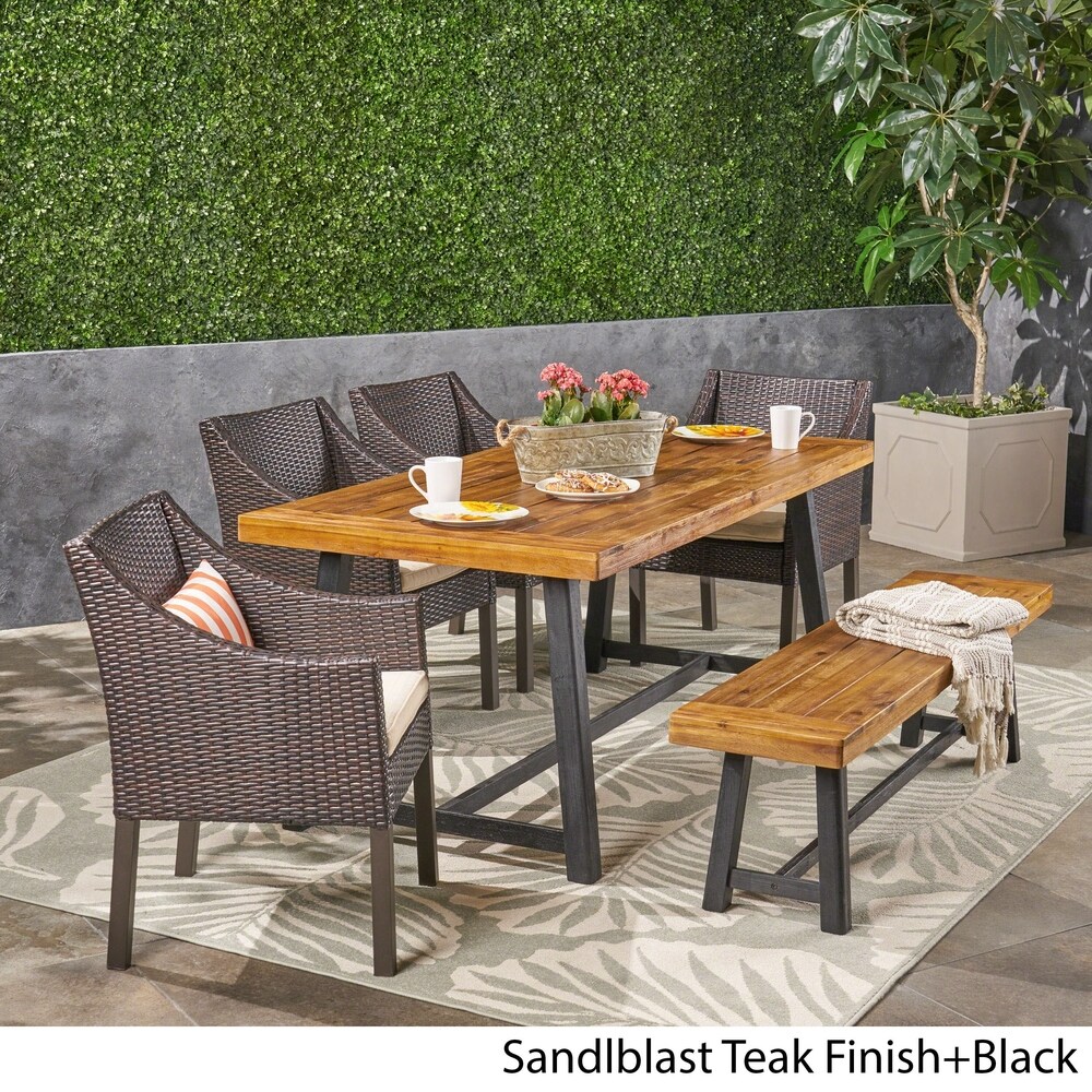 Calero Outdoor 6 Piece Wood and Wicker Dining Set with Chairs and Bench by Christopher Knight Home