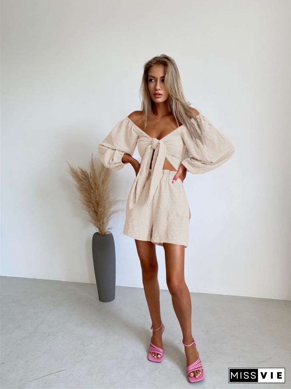 Summer New Fashion Leisure Suit Senior Sense Women's Long-sleeve Cardigan Shorts Two Sets