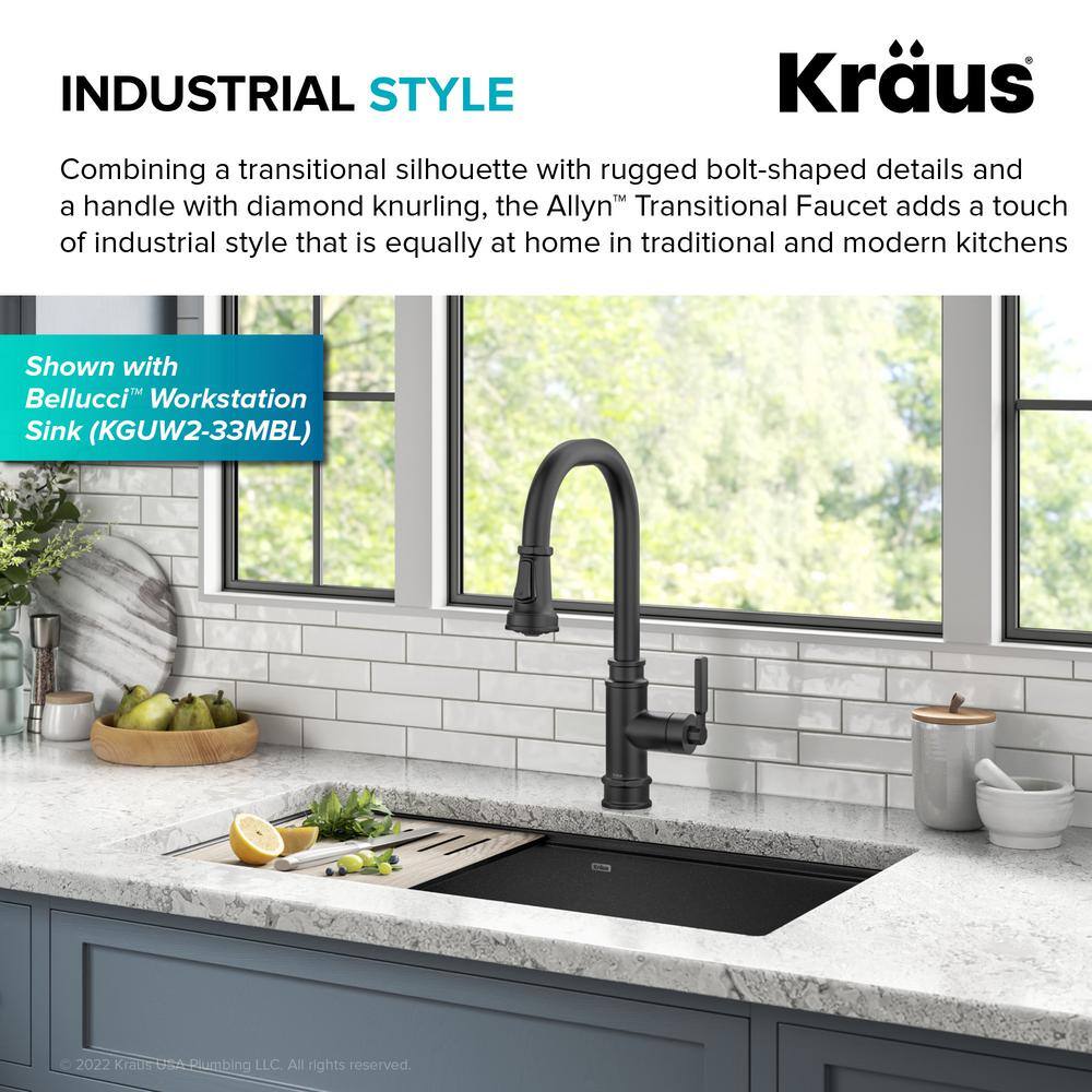 KRAUS Allyn Transitional Industrial Pull-Down Single Handle Kitchen Faucet in Matte Black KPF-4101MB