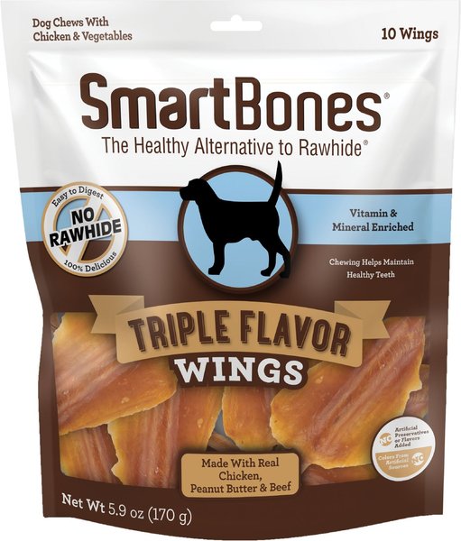 SmartBones Triple Flavor Wings Peanut Butter Dog Treats， 10 count