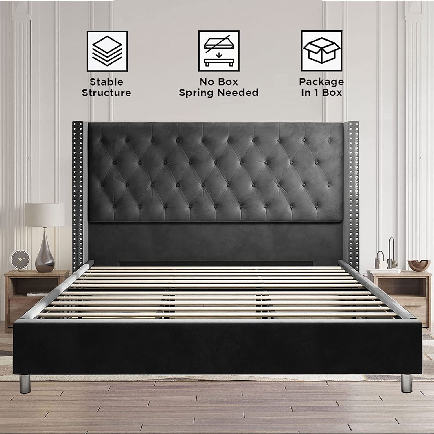 Jocisland King Bed Frame Low Profile Platform Bed Upholstered Bed Frame Velvet Tufted Bed Raised Wingback Headboard/Wood Slats Support/No Box Spring Needed/Easy Assembly/Dark Gray