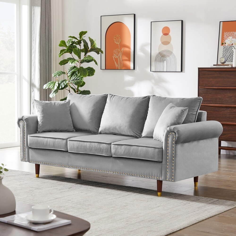 Velvet Sofa Couch With 2 Pillows  Modern 3 Seater Sofa With Wood Legs For Living Room And Bedroom