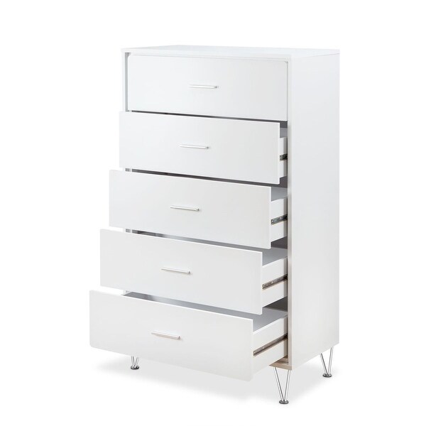 Wood Chest， Dresser Storage Cabinet with 5 Drawers， Metal Legs， White - - 35613526