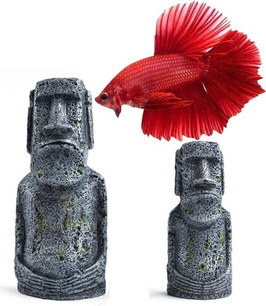 SunGrow Betta Fish Moai Easter Island Head Aquarium Ornament， 2-pack， 7-in and 5-in