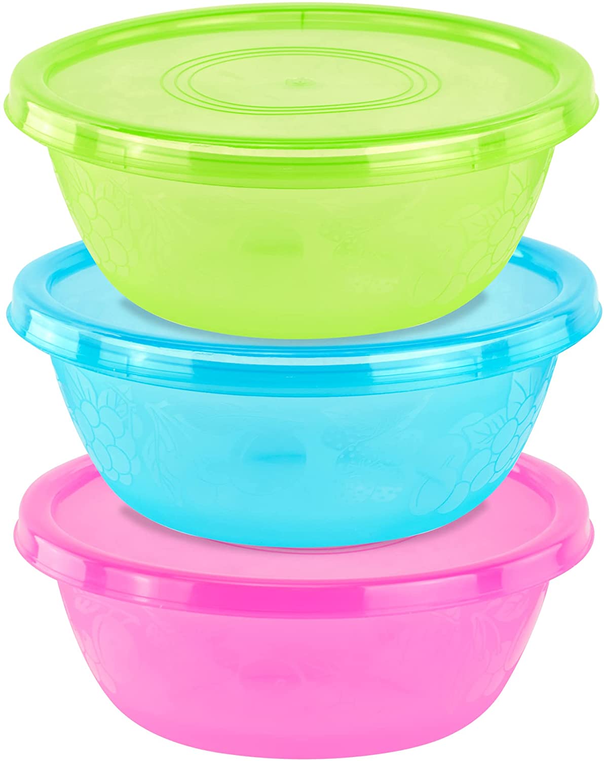 DecorRack 3 Serving Bowls with Lids， Extra Large Bowls， 3 Liter Capacity， Lime Green， Blue， and Pink