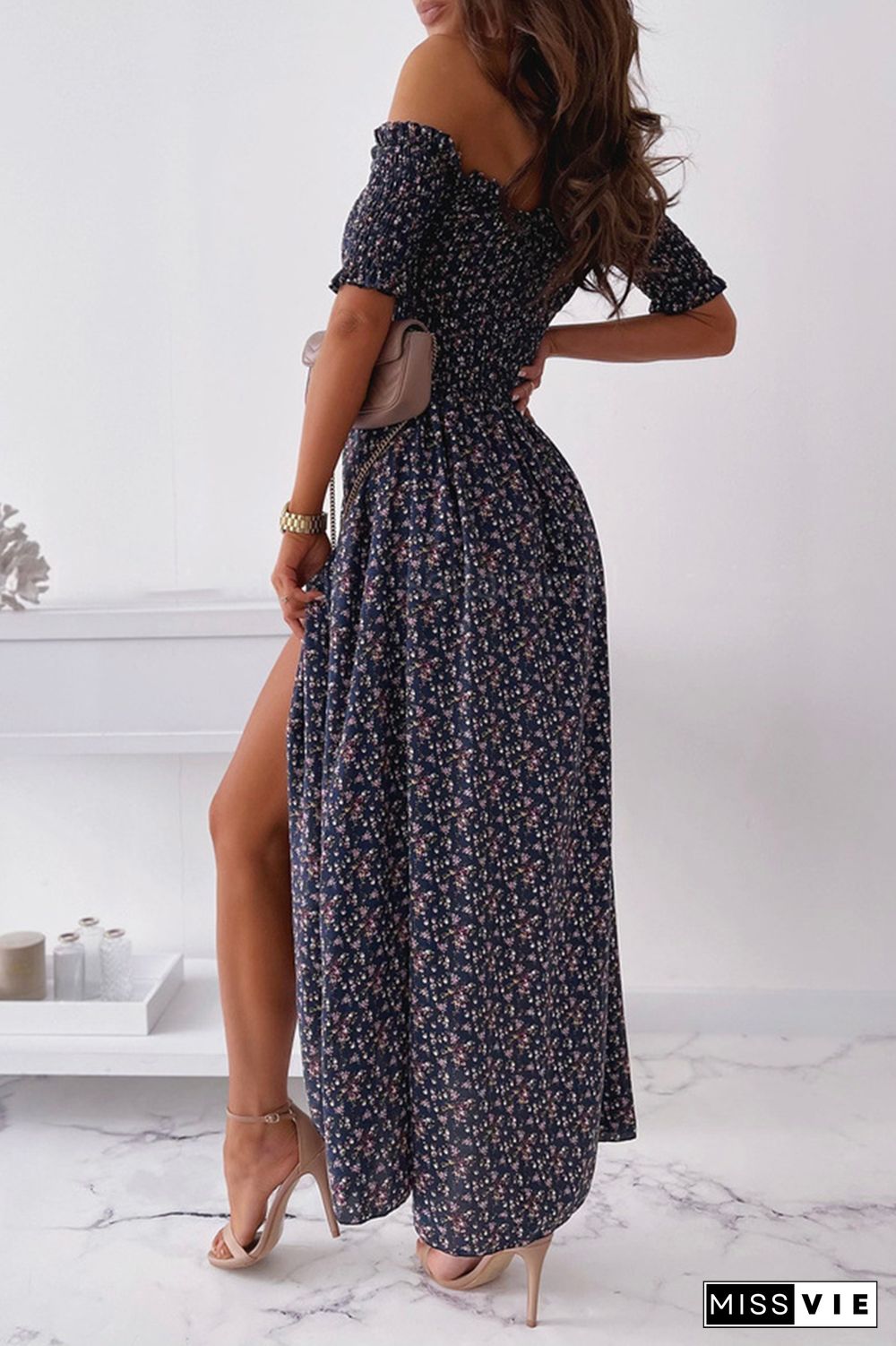 Elegant Floral Slit Fold Off the Shoulder Waist Skirt Dresses