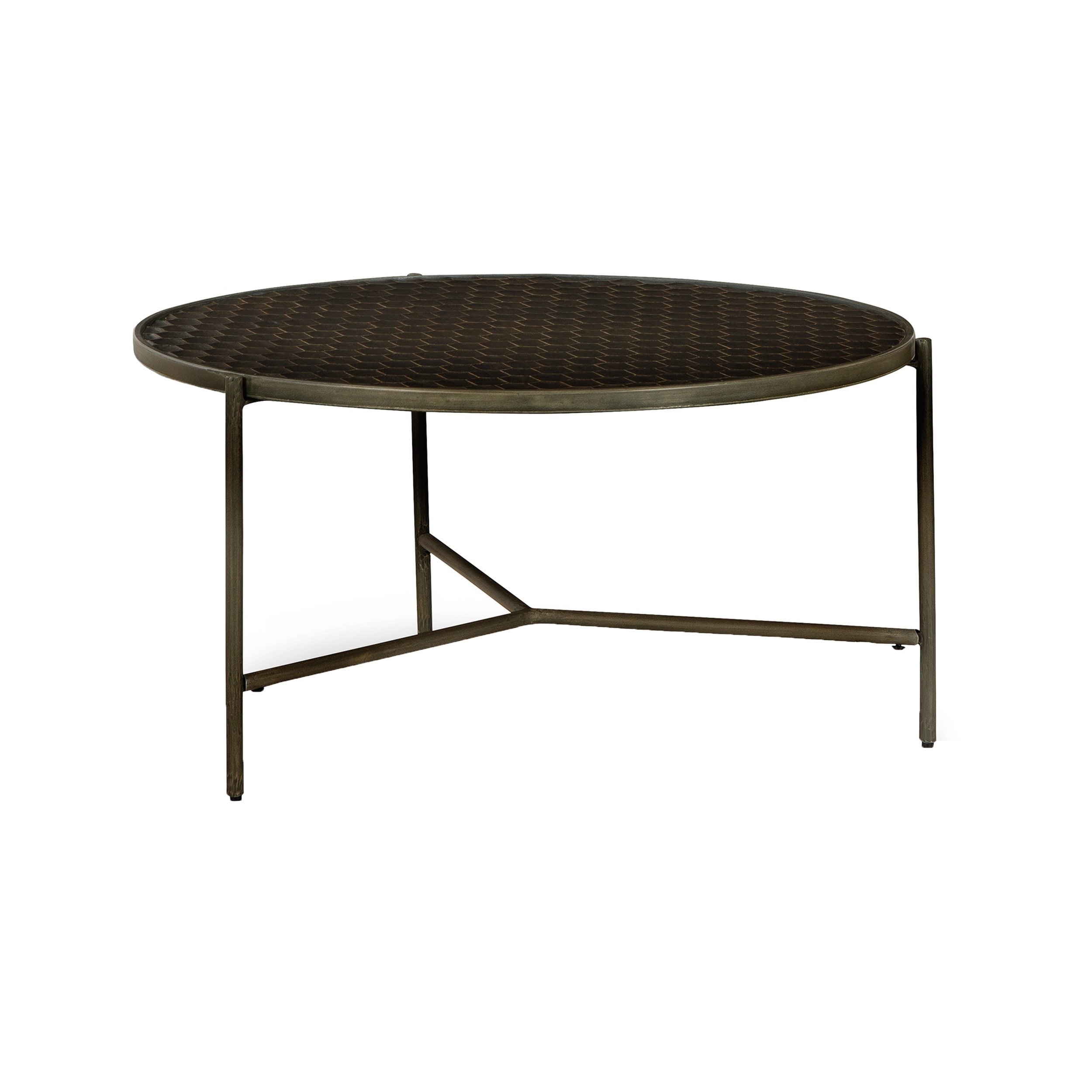 Modern 35 Inch Table， Crossed Metal Legs， Mango Wood Surface， Gray Brown