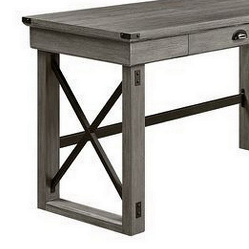 L Shaped Writing Desk with Lift Top and Sled Base， Oak Gray