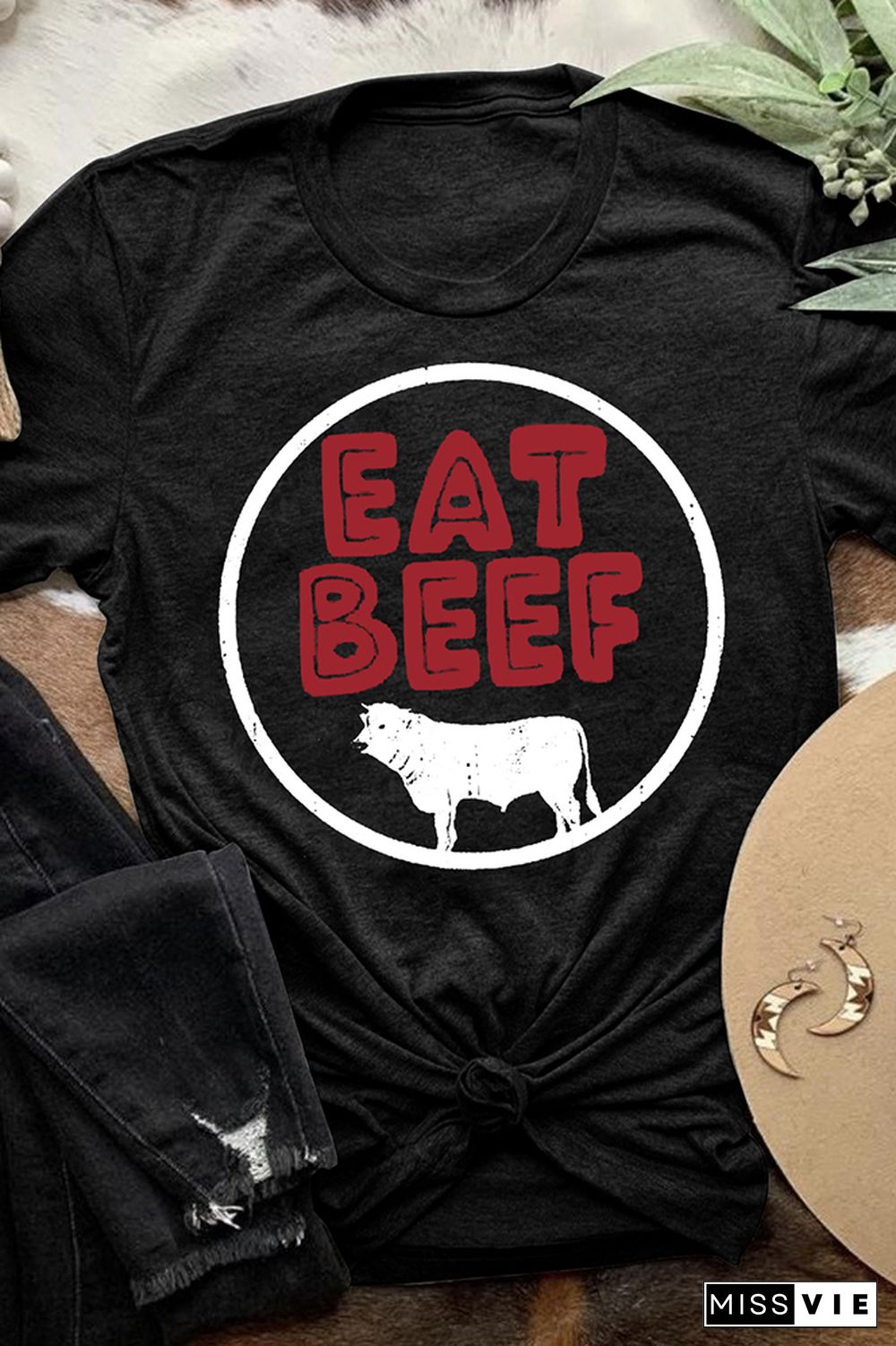 Eat Beef Print Graphic Tees for Women Wholesale Short Sleeve T shirts Top