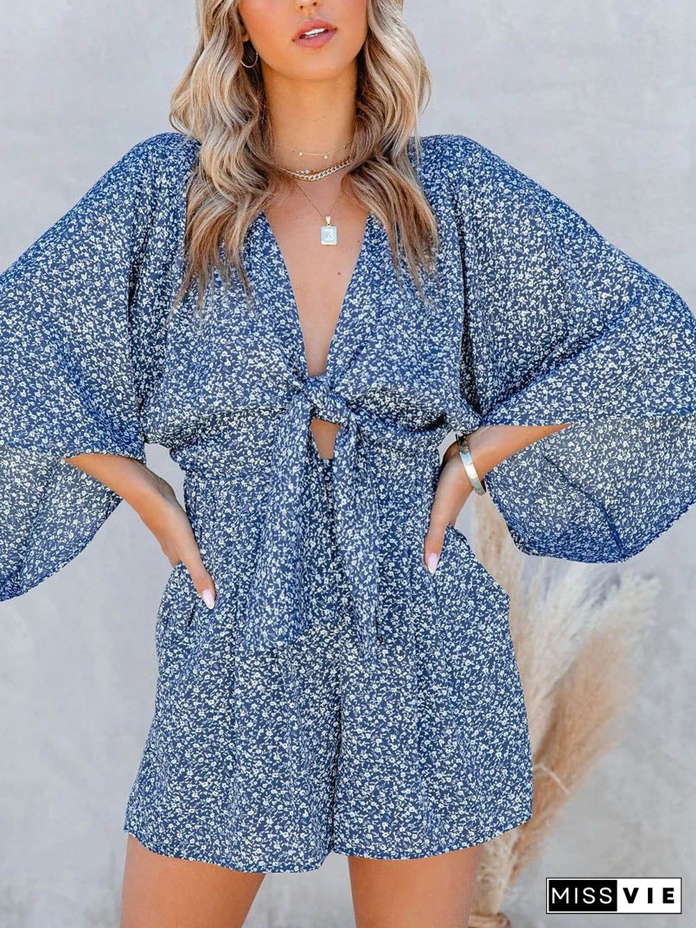 Casual Deep V Neck Front Tie Loose Mini Jumpsuit