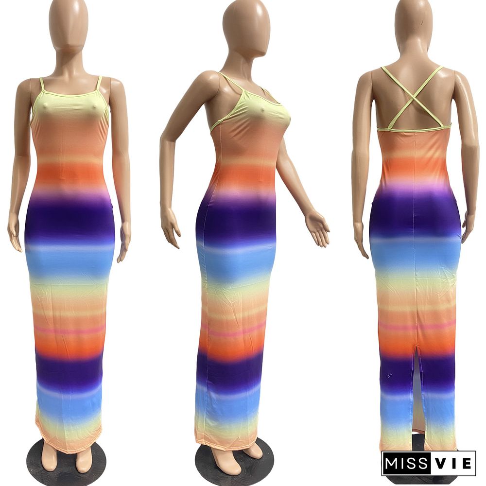 Gradient Chic Print Backless Skinny Maxi Dress