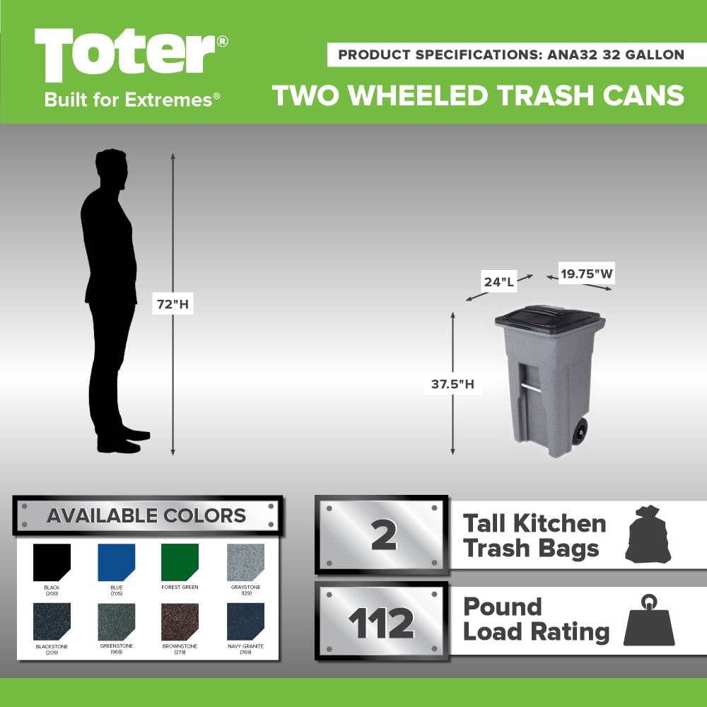 Toter 32 Gallon Greenstone Trash Can with Quiet Wheels and Attached Lid ;