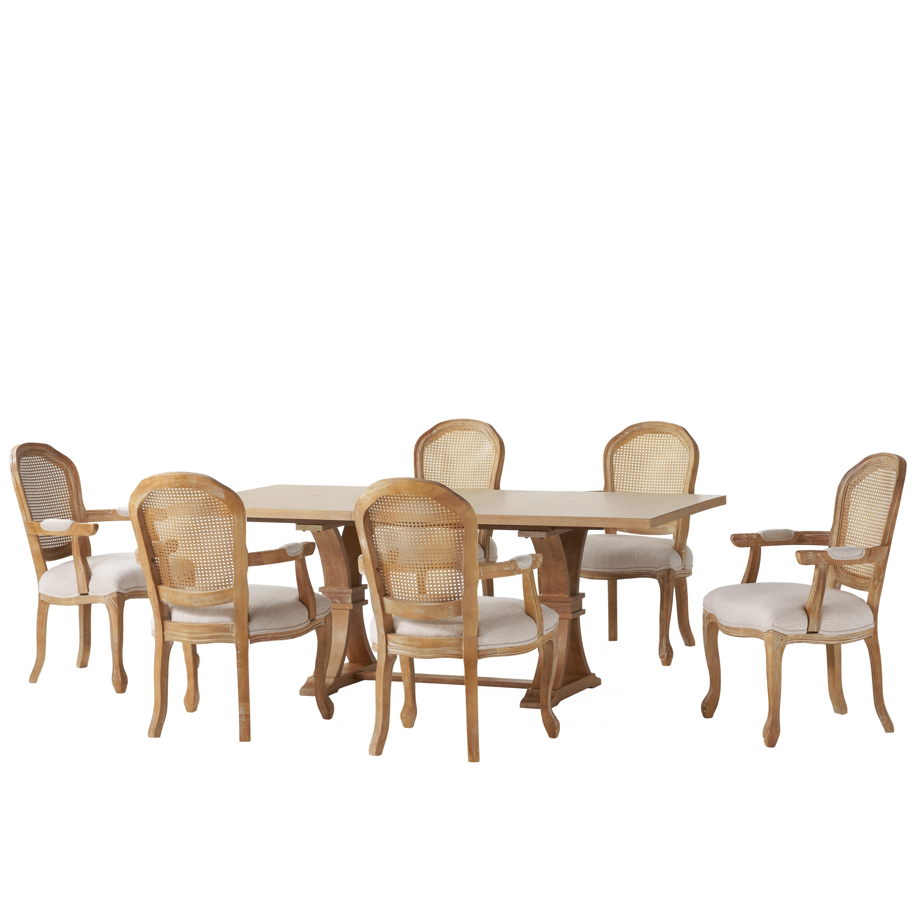 Mariette French Country Fabric Upholstered Wood and Cane 7 Piece Expandable Dining Set