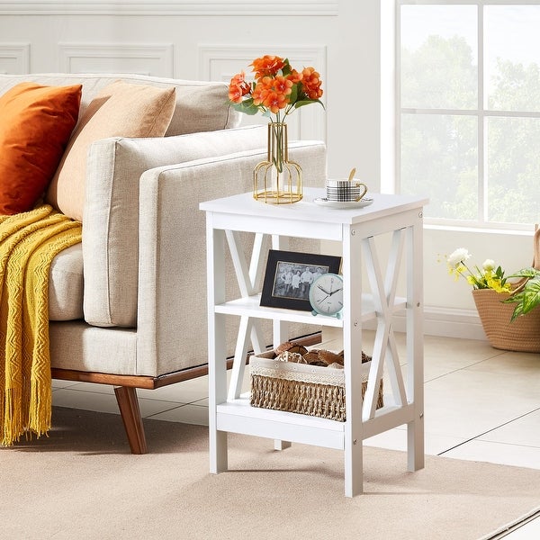 VECELO Modern White End Table with 3-tier Open Shelves - 15.7